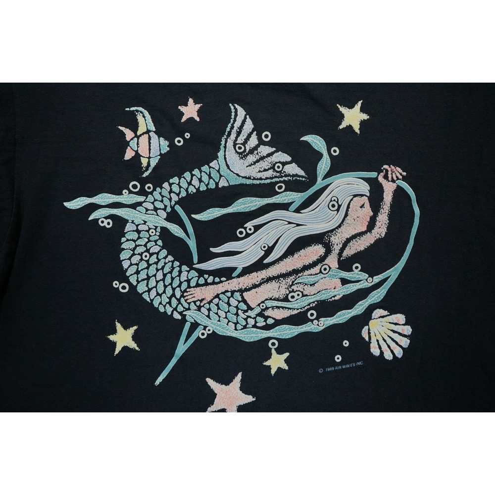 Vintage 1989 Air Waves Womens T-Shirt Siren Print One Size Black Short Sleeve - Picture 3 of 6
